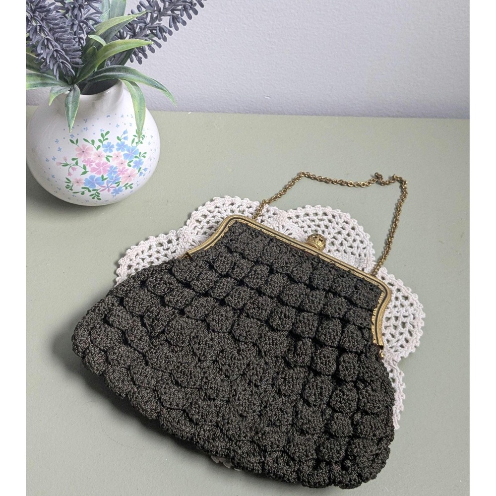 Vintage 1930s Brown Popcorn Crochet Purse Ornate Gold Frame Chain Handle
